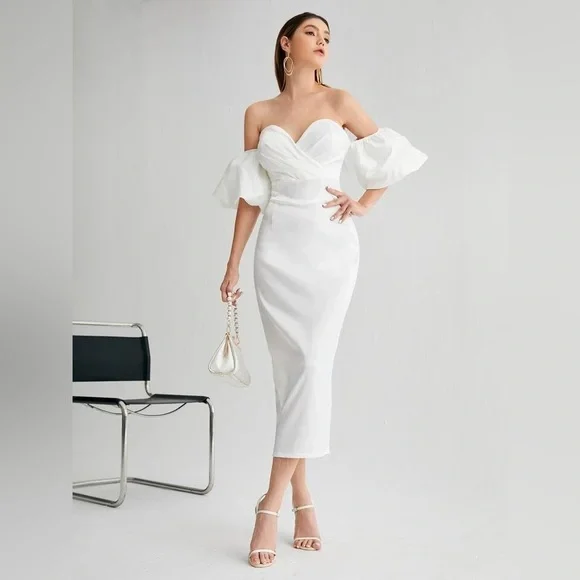 SHEIN | Dresses | Nwot White Surplice Top Satin Midi Dress | Poshmark